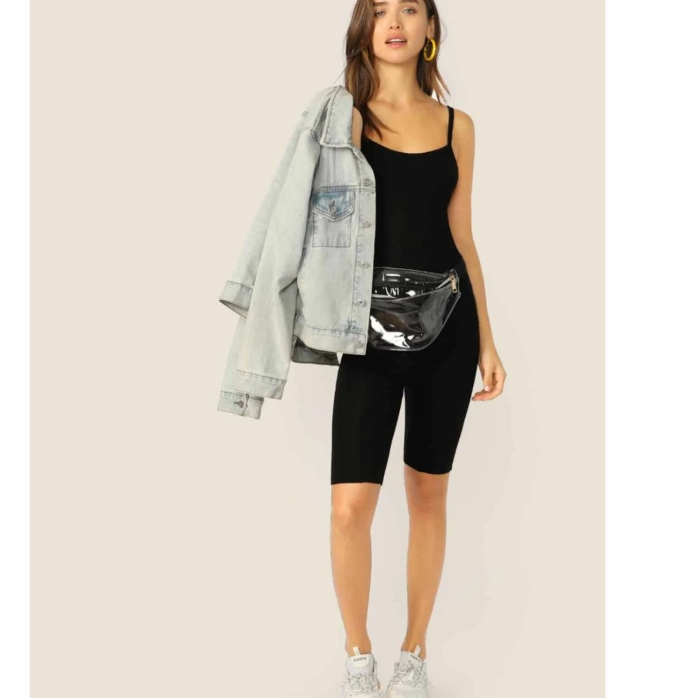 Form-Fitting Solid Cami Romper Black - image 4